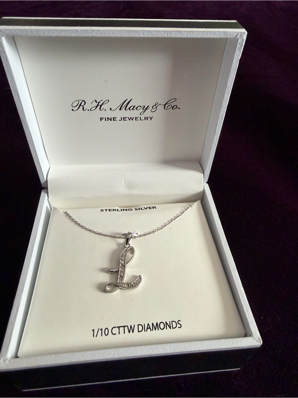 Sterling Silver 'L' Diamond Initial Necklace with 1/10 CTTW diamonds NIB